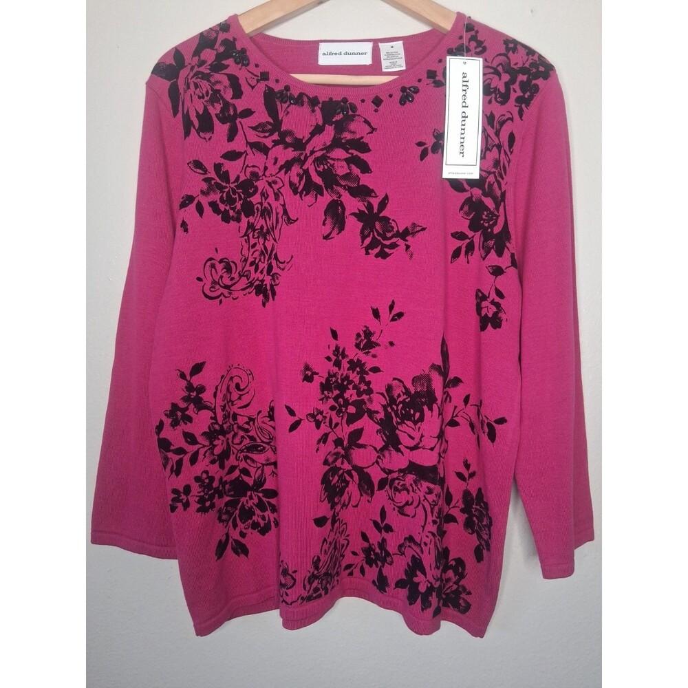 NWT Alfred Dunner Pullover Sweatshirt Fuchsia Black Velvet Flowers Beaded Sz M